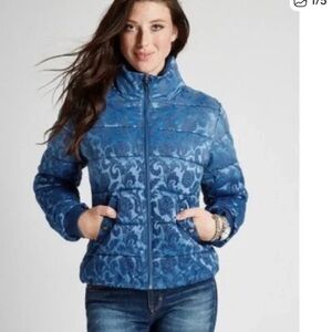 GUESS ASSUNTA BLUE PAISLEY ZIP UP LONG SLEEVE OMBRE PUFFER JACKET S
